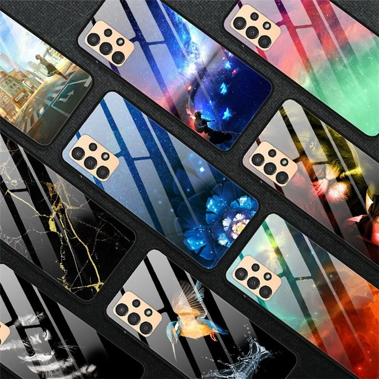 For Samsung Galaxy A23 5G (Global Version) / 4G Colorful Pattern Printing Case Anti-Scratch Tempered Glass Hard PC Back + TPU Shockproof Protective Cover Skin - Platinum Black Grain