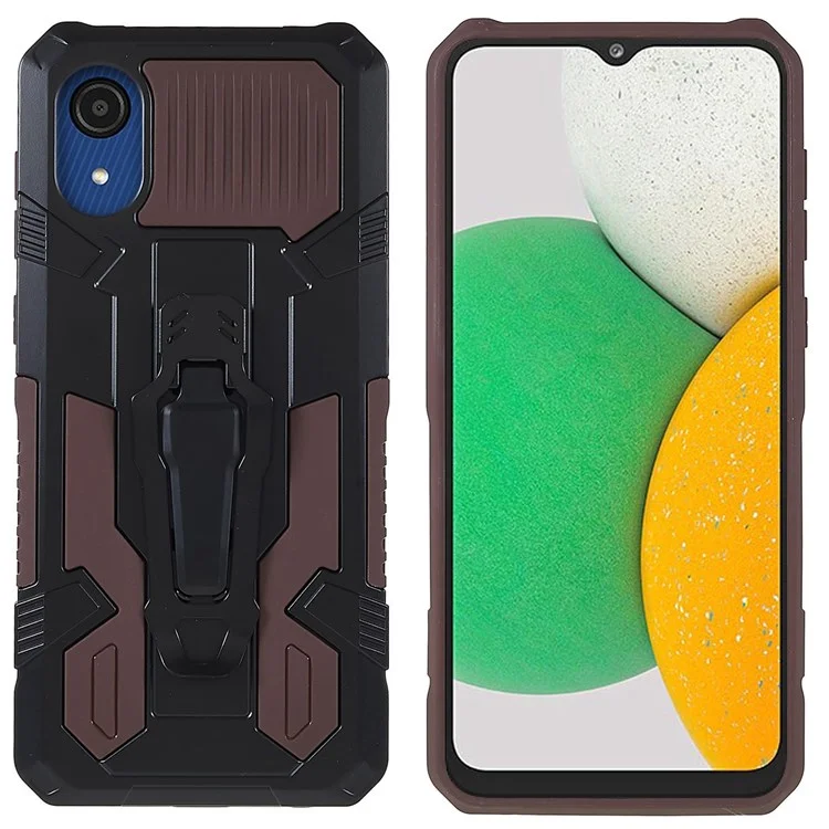 MechWarrior Project for Samsung Galaxy A03 Core Shockproof Anti-scratch Built-in Metal Sheet Hybrid Hard PC Soft TPU Case with Back Clip Kickstand - Coffee