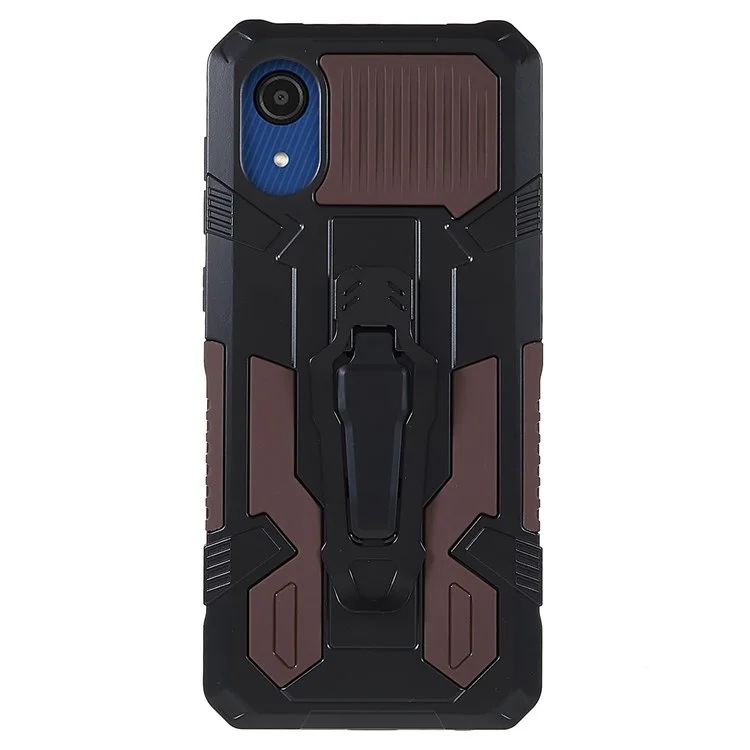 MechWarrior Project for Samsung Galaxy A03 Core Shockproof Anti-scratch Built-in Metal Sheet Hybrid Hard PC Soft TPU Case with Back Clip Kickstand - Coffee