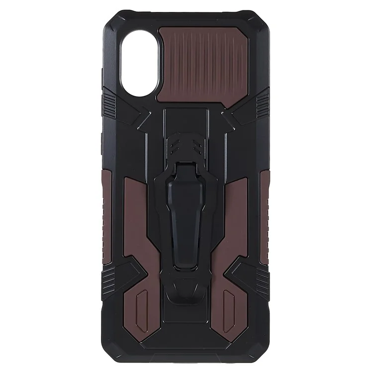 MechWarrior Project for Samsung Galaxy A03 Core Shockproof Anti-scratch Built-in Metal Sheet Hybrid Hard PC Soft TPU Case with Back Clip Kickstand - Coffee