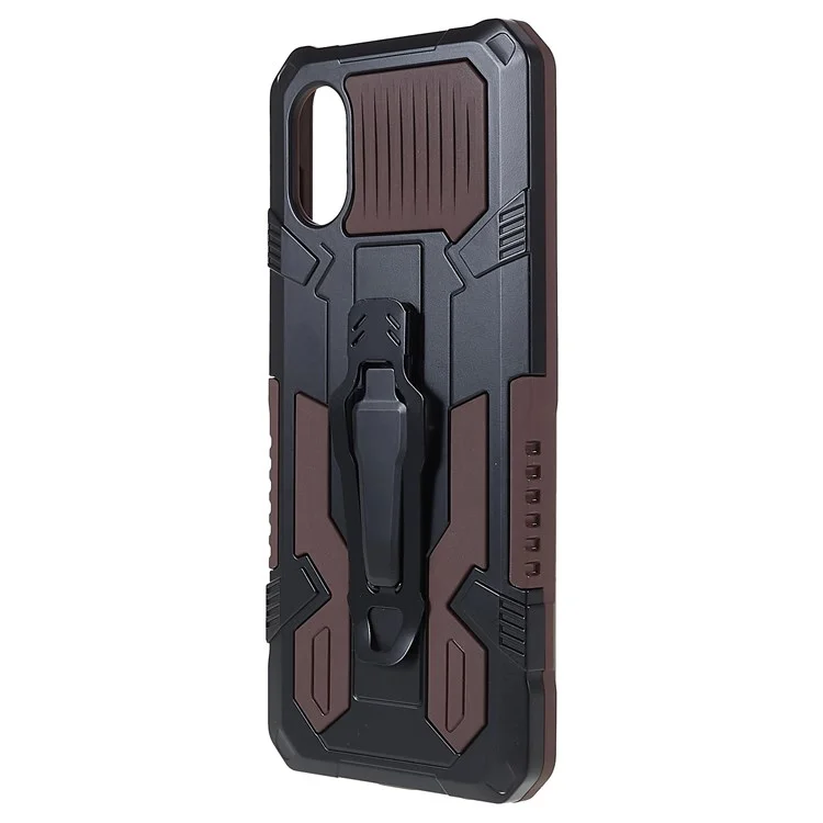 MechWarrior Project for Samsung Galaxy A03 Core Shockproof Anti-scratch Built-in Metal Sheet Hybrid Hard PC Soft TPU Case with Back Clip Kickstand - Coffee