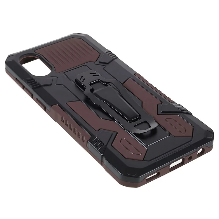 MechWarrior Project for Samsung Galaxy A03 Core Shockproof Anti-scratch Built-in Metal Sheet Hybrid Hard PC Soft TPU Case with Back Clip Kickstand - Coffee