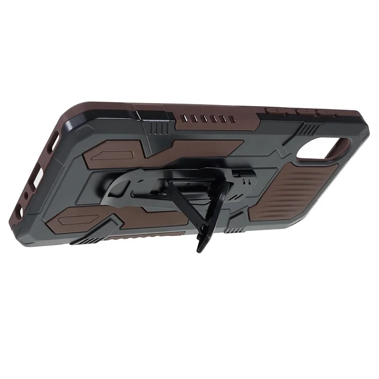 MechWarrior Project for Samsung Galaxy A03 Core Shockproof Anti-scratch Built-in Metal Sheet Hybrid Hard PC Soft TPU Case with Back Clip Kickstand - Coffee