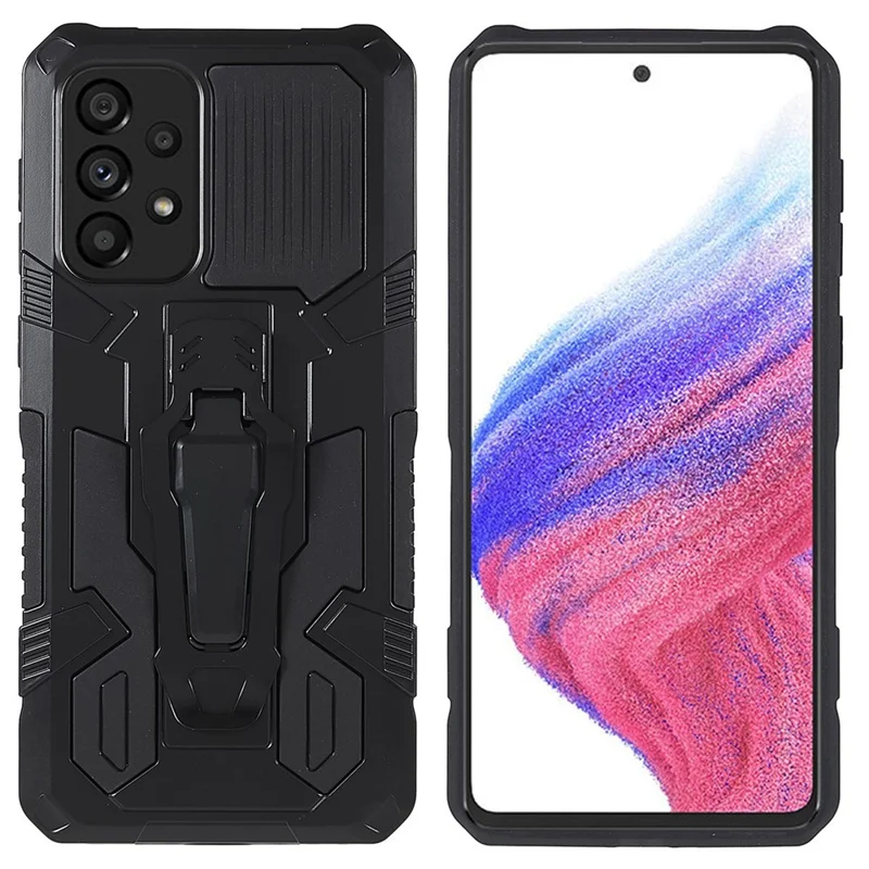 MechWarrior Project for Samsung Galaxy A53 5G Built-in Metal Sheet Hybrid Hard PC Soft TPU Anti-scratch Case with Back Clip Kickstand - Black