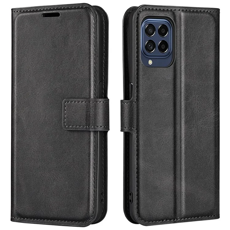 For Samsung Galaxy M33 5G (Global Version) Magnetic Clasp Textured PU Leather Stand Phone Case Wallet Folio Flip Cover - Black