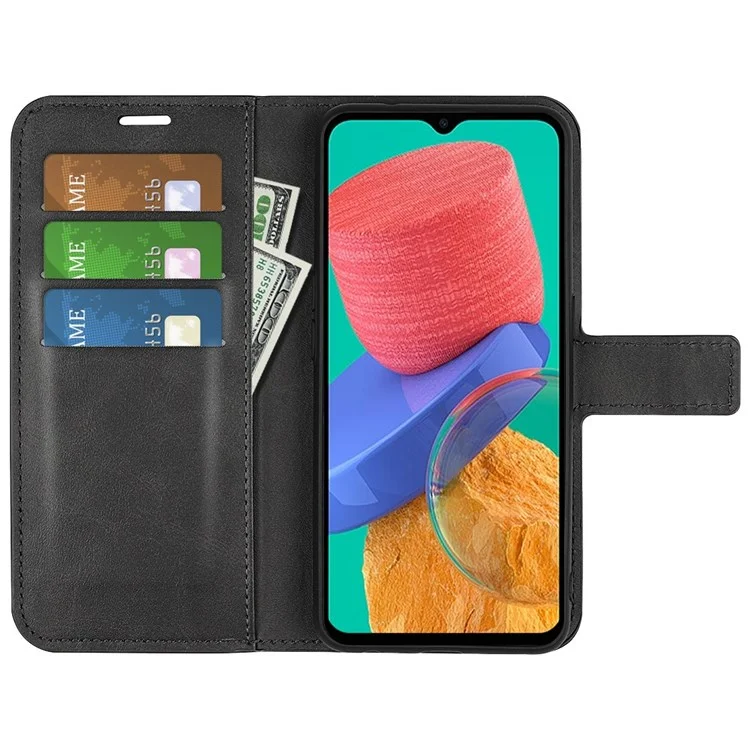 For Samsung Galaxy M33 5G (Global Version) Magnetic Clasp Textured PU Leather Stand Phone Case Wallet Folio Flip Cover - Black