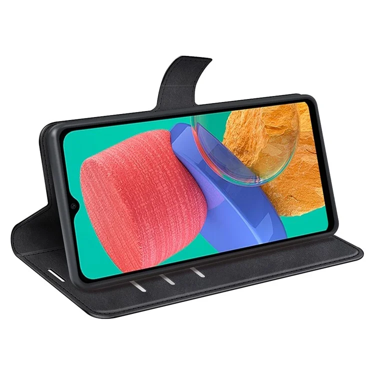 For Samsung Galaxy M33 5G (Global Version) Magnetic Clasp Textured PU Leather Stand Phone Case Wallet Folio Flip Cover - Black