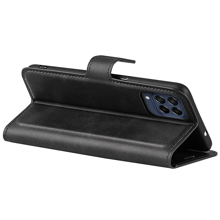 For Samsung Galaxy M33 5G (Global Version) Magnetic Clasp Textured PU Leather Stand Phone Case Wallet Folio Flip Cover - Black