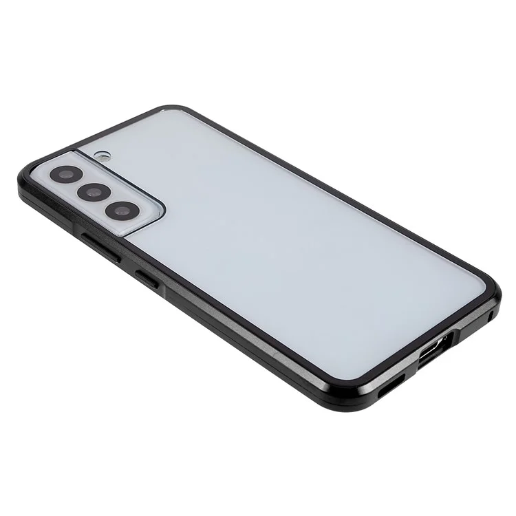 Para Samsung Galaxy S22 5G 360 Graus Proteção Total Case de Telefone Capa de Metal Bumper + Vidro Temperado Antiimpacto de Dupla Face Capa com Fecho Magnético - Preto