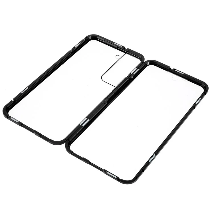 Para Samsung Galaxy S22 5G 360 Graus Proteção Total Case de Telefone Capa de Metal Bumper + Vidro Temperado Antiimpacto de Dupla Face Capa com Fecho Magnético - Preto