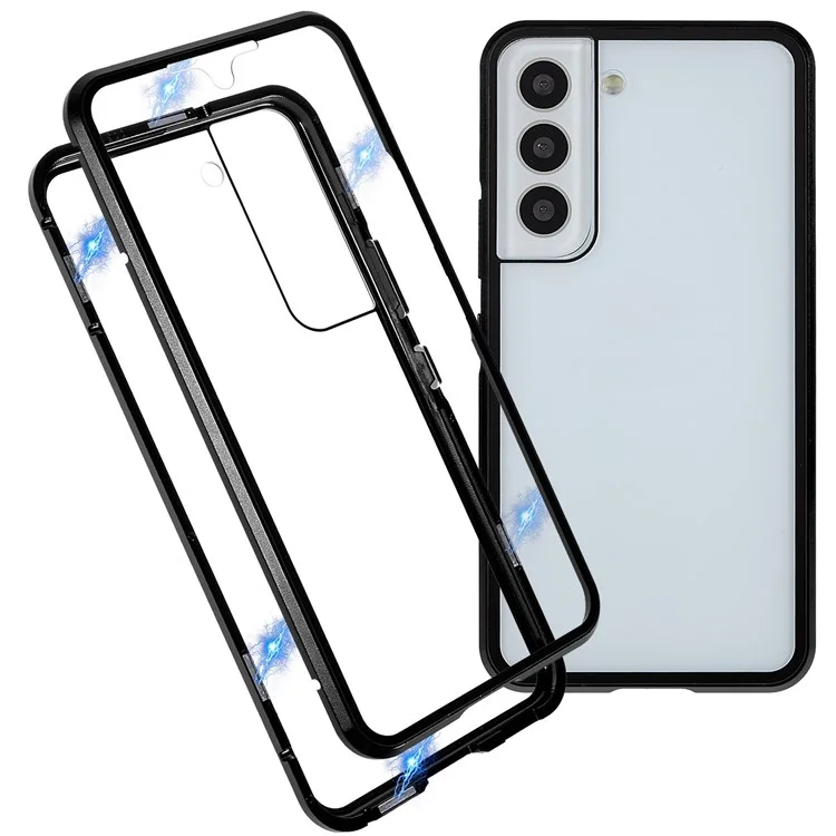 For Samsung Galaxy S22+ 5G 360 Degree All-inclusive Protection Metal Bumper + Double-sided Tempered Glass Shockproof Phone Cover with Magnetic Closure - Black