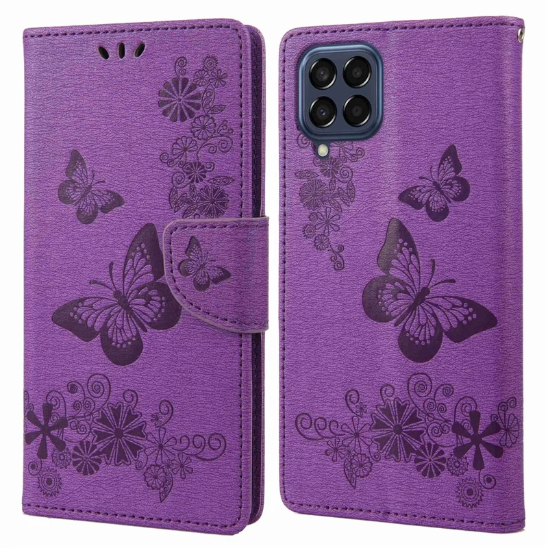 For Samsung Galaxy M53 5G Wallet Case Butterfly Flower Imprinted PU Leather Stand Flip Protective Cover with Hand Strap - Purple