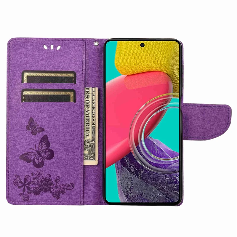 For Samsung Galaxy M53 5G Wallet Case Butterfly Flower Imprinted PU Leather Stand Flip Protective Cover with Hand Strap - Purple