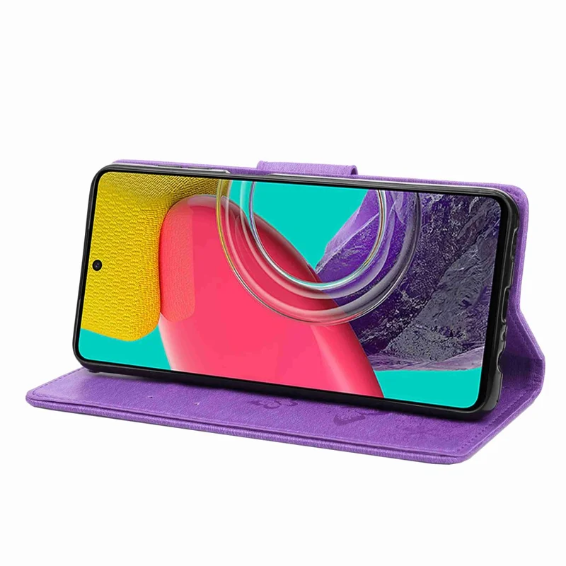 For Samsung Galaxy M53 5G Wallet Case Butterfly Flower Imprinted PU Leather Stand Flip Protective Cover with Hand Strap - Purple
