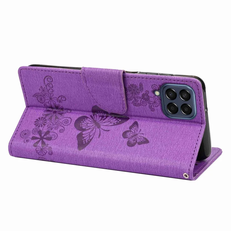 For Samsung Galaxy M53 5G Wallet Case Butterfly Flower Imprinted PU Leather Stand Flip Protective Cover with Hand Strap - Purple