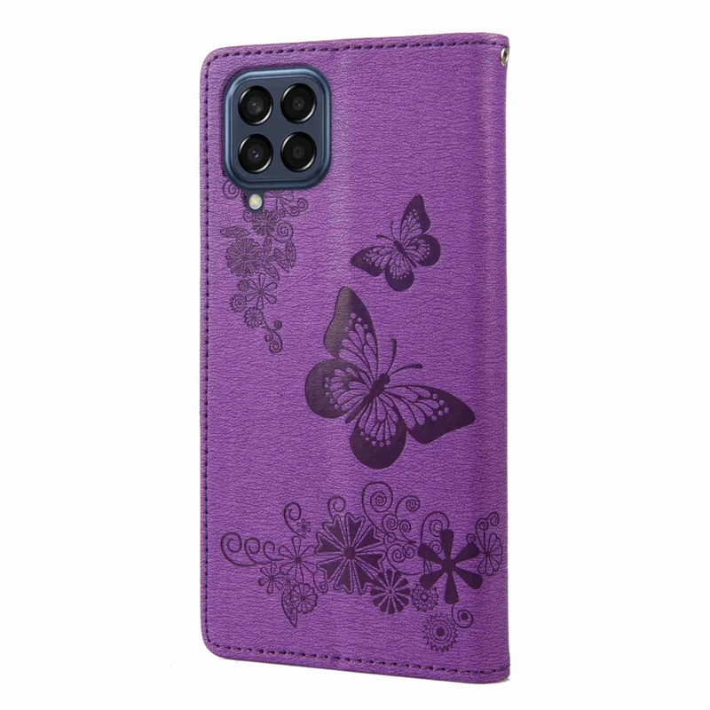 For Samsung Galaxy M53 5G Wallet Case Butterfly Flower Imprinted PU Leather Stand Flip Protective Cover with Hand Strap - Purple