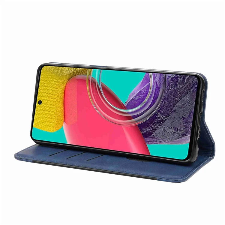 Per Samsung Galaxy M53 5G Splicing PU pe in Piella Per Interno Case Stand Assoluzione Magnetica Assorbimento Flip Flip Follio Cover - Blu