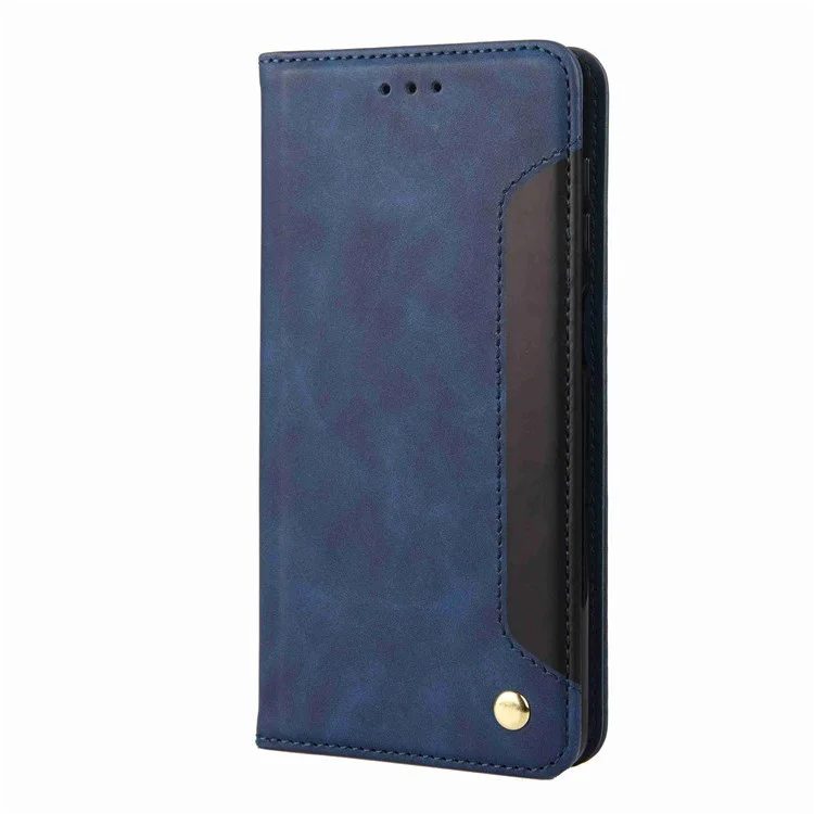 For Samsung Galaxy M53 5G Splicing PU Leather Skin-touch Feeling Case Stand Magnetic Absorption Full Protection Flip Folio Wallet Cover - Blue