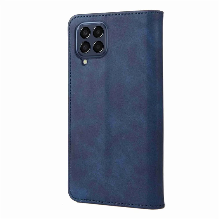 For Samsung Galaxy M53 5G Splicing PU Leather Skin-touch Feeling Case Stand Magnetic Absorption Full Protection Flip Folio Wallet Cover - Blue