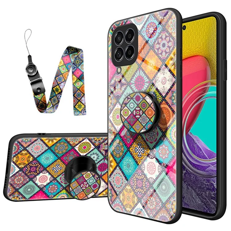 For Samsung Galaxy M53 5G Kickstand Phone Case Flower Pattern Tempered Glass + PC + TPU Anti-drop Cover with Lanyard - Checkered Pattern