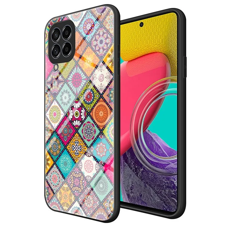 Para Samsung Galaxy M53 5G Kickstand Case de Teléfono Patrón de Flores Vidrio Templado + PC + TPU Cubierta Anti-drop Con Cordón - Patrón de Cuadros