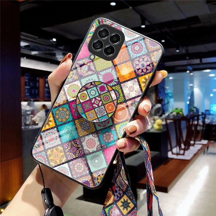 For Samsung Galaxy M53 5G Kickstand Phone Case Flower Pattern Tempered Glass + PC + TPU Anti-drop Cover with Lanyard - Checkered Pattern
