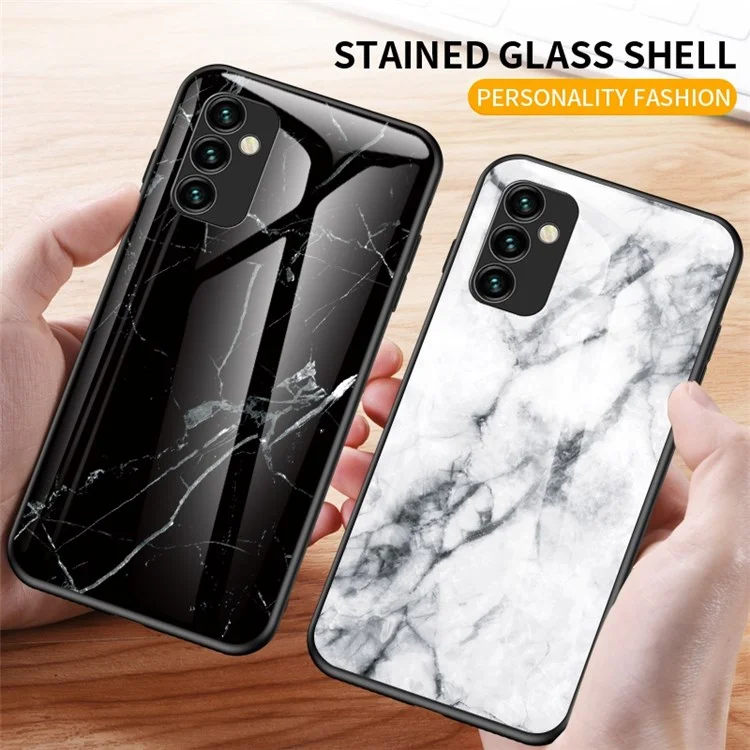 For Samsung Galaxy M23 5G/F23 5G Marble Pattern Tempered Glass + PC + TPU Stylish Scratch-resistant Smartphone Case - White Marble