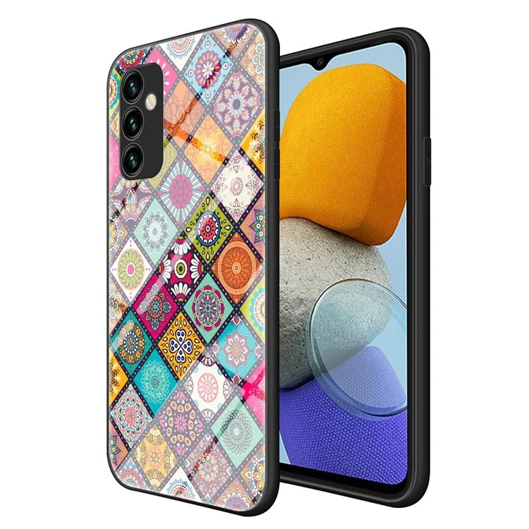 For Samsung Galaxy M23 5G/F23 5G Drop-proof Protection Kickstand Phone Case Flower Pattern Tempered Glass + PC + TPU Shell with Lanyard - Checkered Pattern