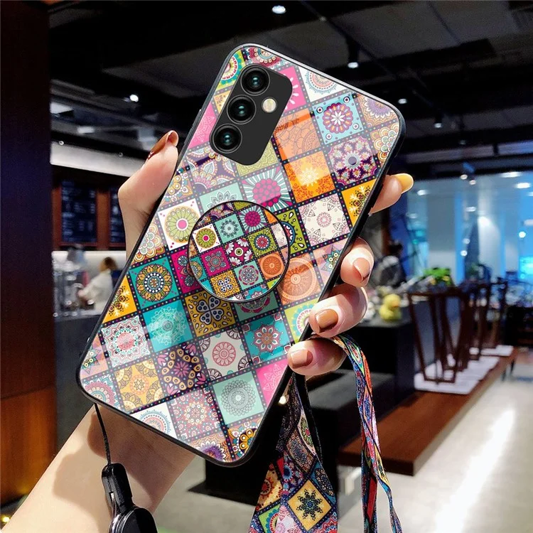 For Samsung Galaxy M23 5G/F23 5G Drop-proof Protection Kickstand Phone Case Flower Pattern Tempered Glass + PC + TPU Shell with Lanyard - Checkered Pattern