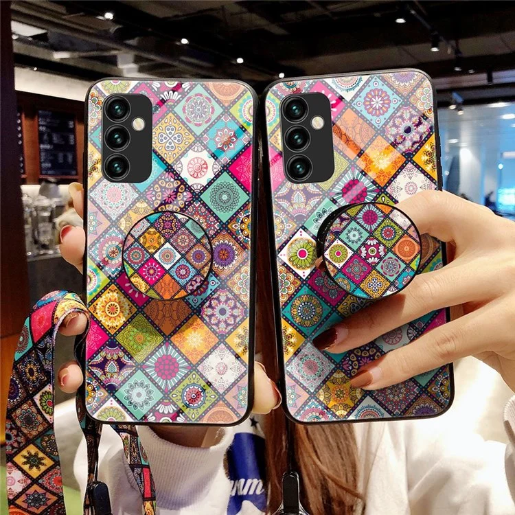For Samsung Galaxy M23 5G/F23 5G Drop-proof Protection Kickstand Phone Case Flower Pattern Tempered Glass + PC + TPU Shell with Lanyard - Checkered Pattern
