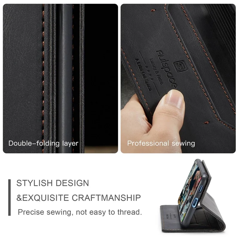 AUTSPACE A01 Series for Samsung Galaxy S22+ 5G PU Leather Case RFID Blocking Wallet Flip Stand Cover - Black