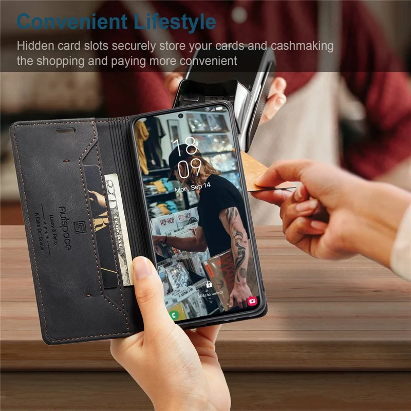 AUTSPACE A01 Series for Samsung Galaxy S22+ 5G PU Leather Case RFID Blocking Wallet Flip Stand Cover - Black