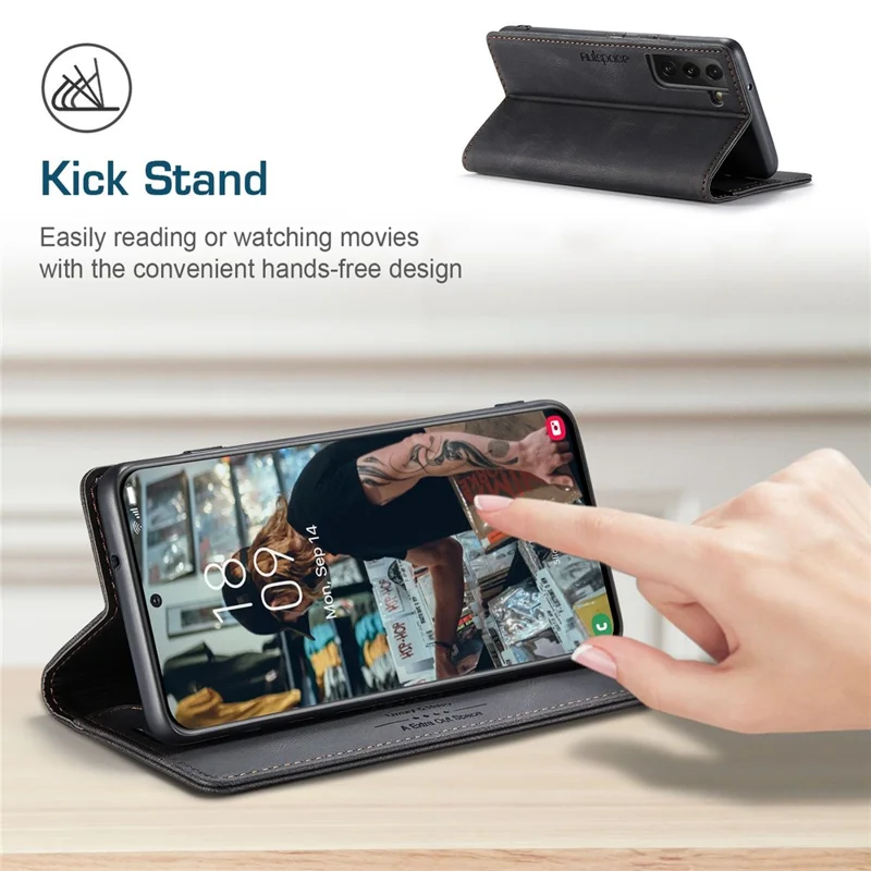 AUTSPACE A01 Series for Samsung Galaxy S22+ 5G PU Leather Case RFID Blocking Wallet Flip Stand Cover - Black