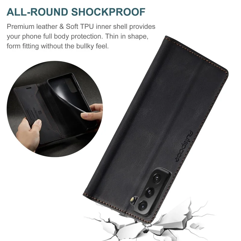 AUTSPACE A01 Series for Samsung Galaxy S22+ 5G PU Leather Case RFID Blocking Wallet Flip Stand Cover - Black