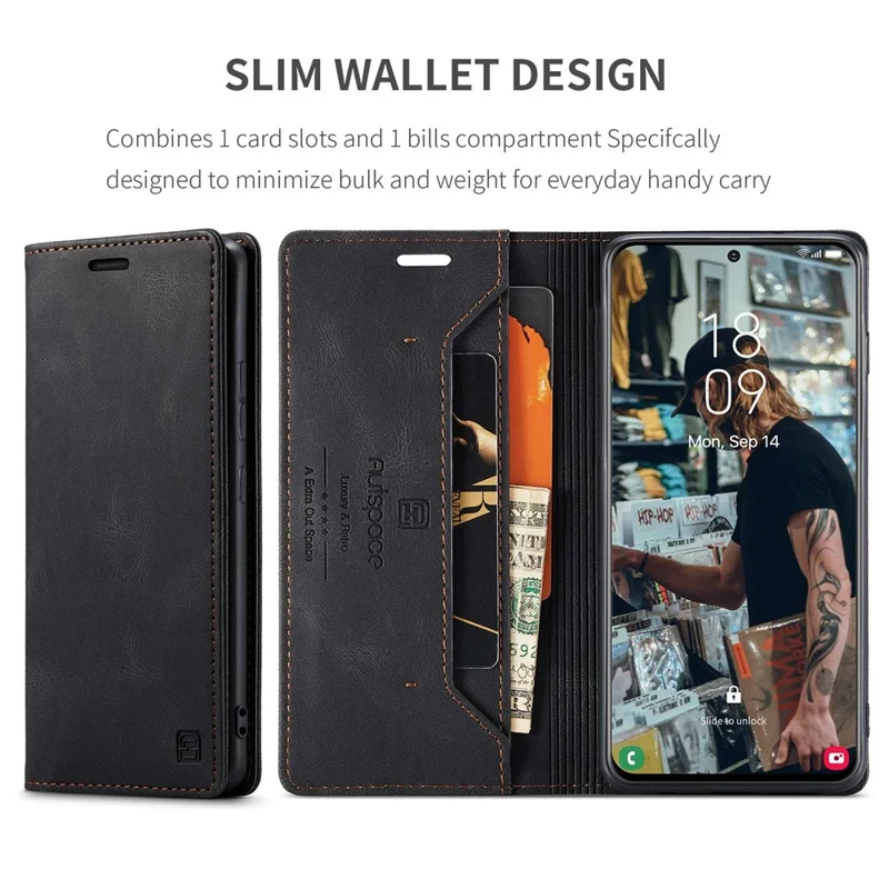 AUTSPACE A01 Series for Samsung Galaxy S22+ 5G PU Leather Case RFID Blocking Wallet Flip Stand Cover - Black