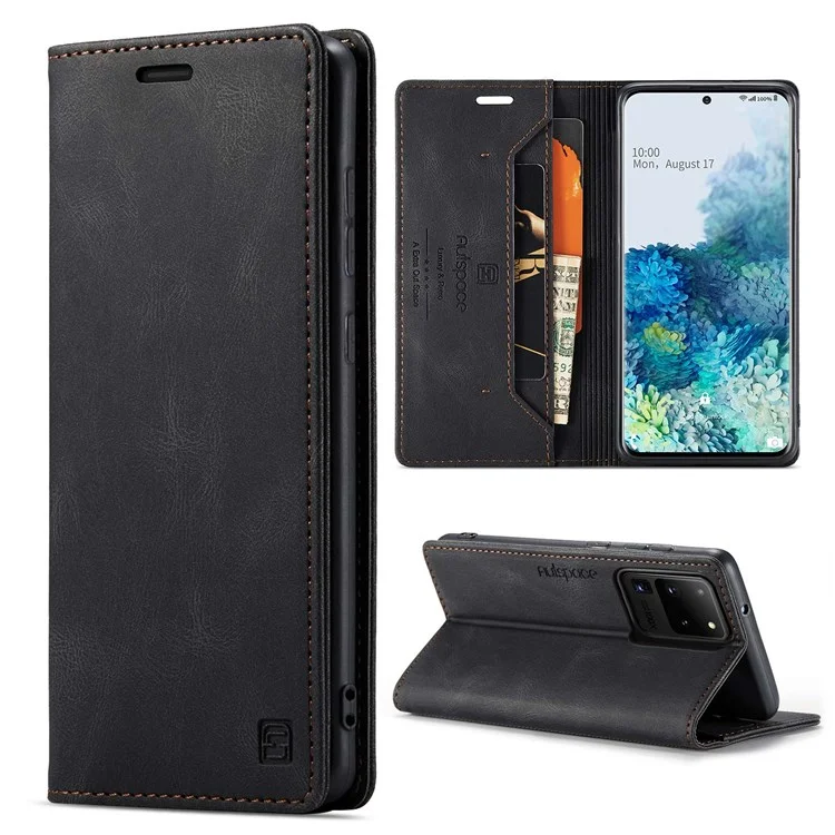 Serie A01 Autspace Para Samsung Galaxy S20 Ultra 4G / Case de Cuero de PU 5G pu Bloqueo RFID Retro Billet Flip Soport - Negro