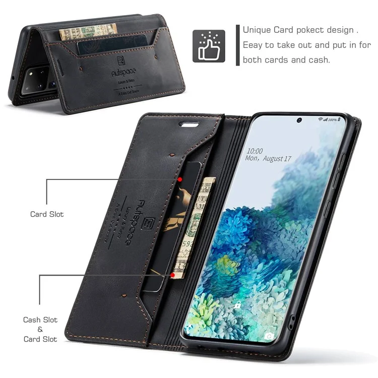 AUTSPACE A01-serie Für Samsung Galaxy S20 Ultra 4G/5G Magnetic-verschlusshülle, Gut Geschützte Retro-matte PU Leder-brieftasche Flip Ständer Mit Rfid-blockierung - Schwarz