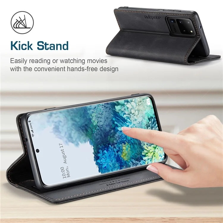 Serie A01 Autspace Para Samsung Galaxy S20 Ultra 4G / Case de Cuero de PU 5G pu Bloqueo RFID Retro Billet Flip Soport - Negro
