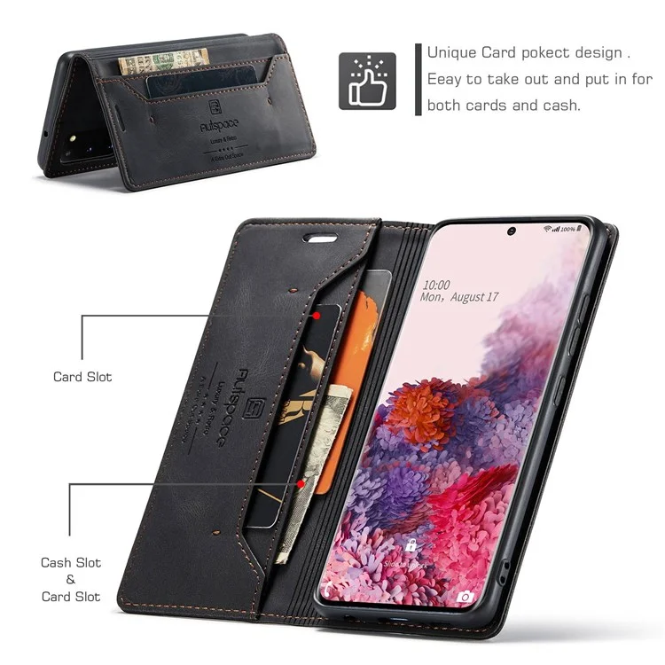 Serie A01 Autspace A01 Para Samsung Galaxy S20 4G/5G PU Case de Cuero Rfid Billetera Flip Supar Cubierta - Negro