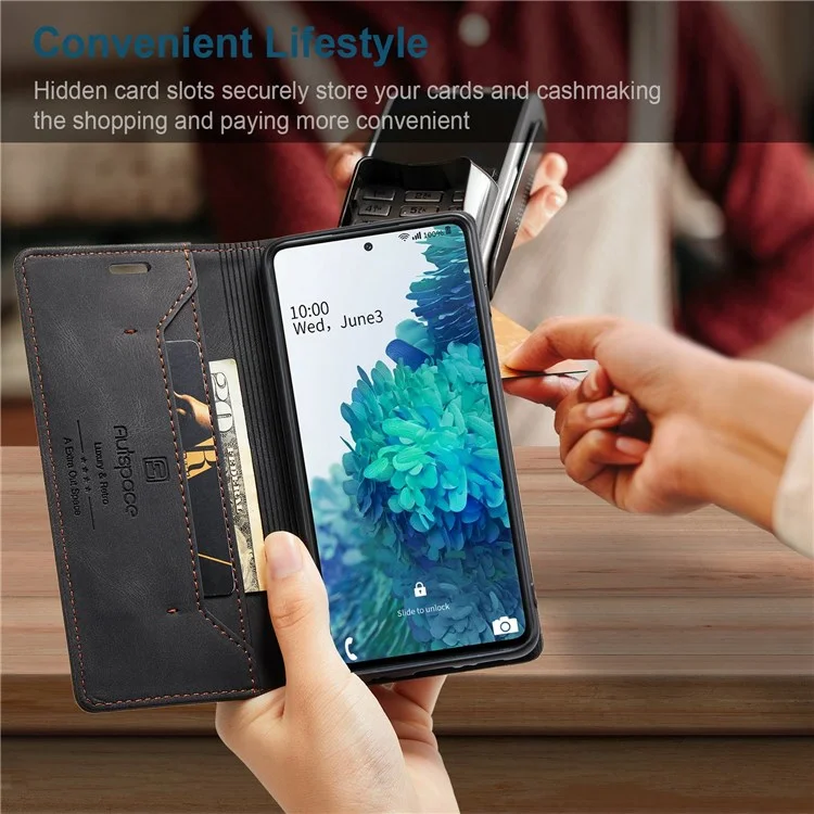 Serie AUTSPACE A01 Para Samsung Galaxy S20 fe 4G/5G/S20 Lite/S20 Fan Edition 4G/5G/S20 FE 2022 Cierre Magnético de Cierre, Retro Matte PU Leather Flip Soport Cover Con Bloqueo RFID - Negro