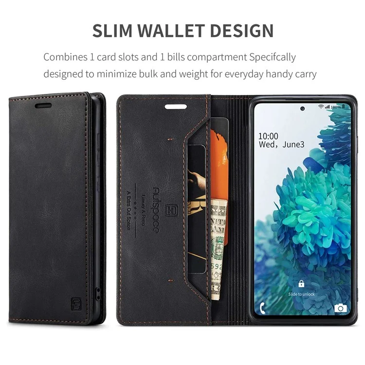 AUTSPACE A01 Series for Samsung Galaxy S20 FE 4G/5G/S20 Lite/S20 Fan Edition 4G/5G/S20 FE 2022 Magnetic Closure Shell, Retro Matte PU Leather Wallet Flip Stand Cover with RFID Blocking - Black