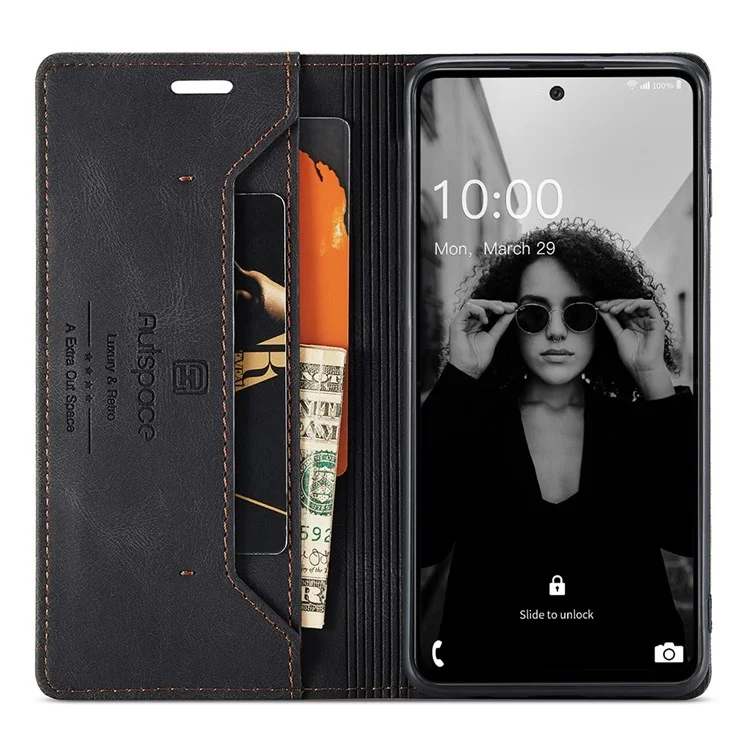 AUTSPACE A01 Series per Samsung Galaxy A52 4G/5G/A52s 5G Custodia in Pelle PU RFID Blocking Wallet Flip Stand - Nero