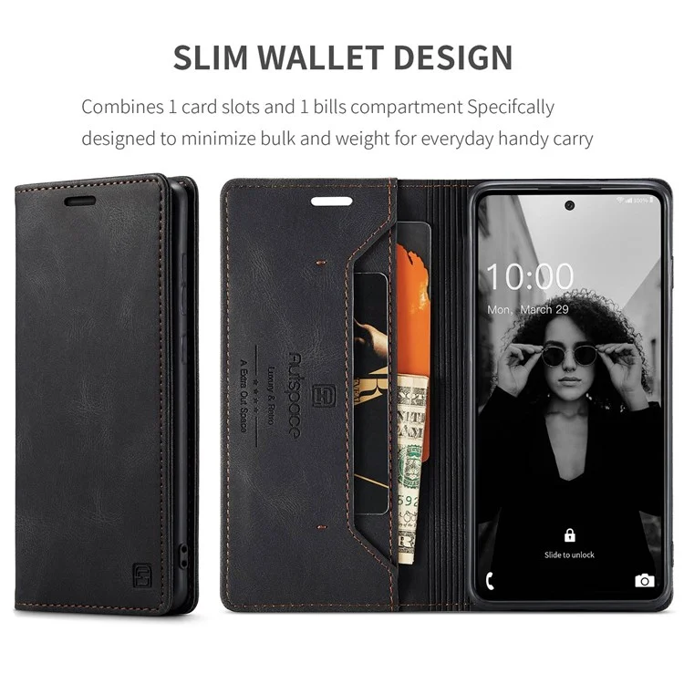 AUTSPACE A01 Series for Samsung Galaxy A52 4G/5G/A52s 5G Retro Matte PU Leather Wallet Flip Stand Cover with RFID Blocking Magnetic Closure Shell - Black