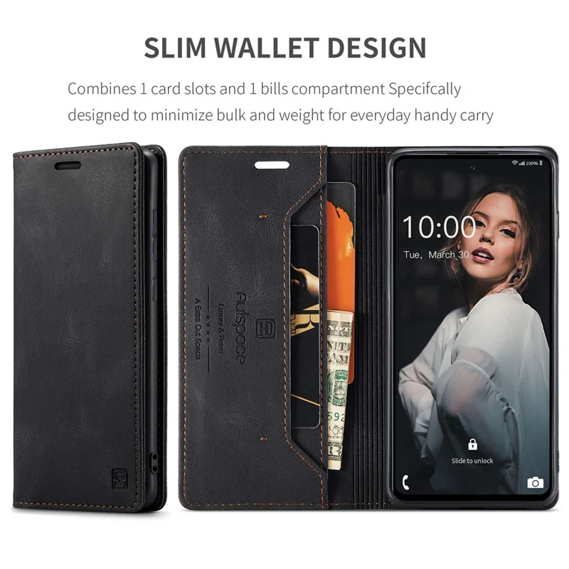 AUTSPACE A01 Series for Samsung Galaxy A72 4G/5G PU Leather Case RFID Blocking Wallet Flip Stand Cover - Black