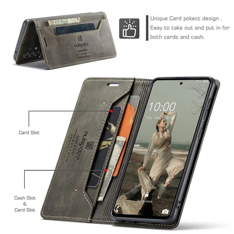 AUTSPACE A01 Series for Samsung Galaxy A72 4G / 5G PU Leather Case RFID Blocking Wallet Flip Stand Cover - Coffee