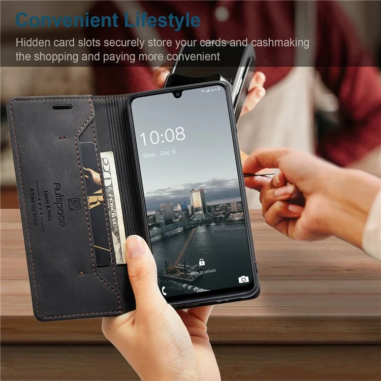 AUTSPACE A01 Serie Para Samsung Galaxy A33 5G PU Case de Cuero Bloqueo Rfid Billetera Vintage Flip Cubierta - Negro
