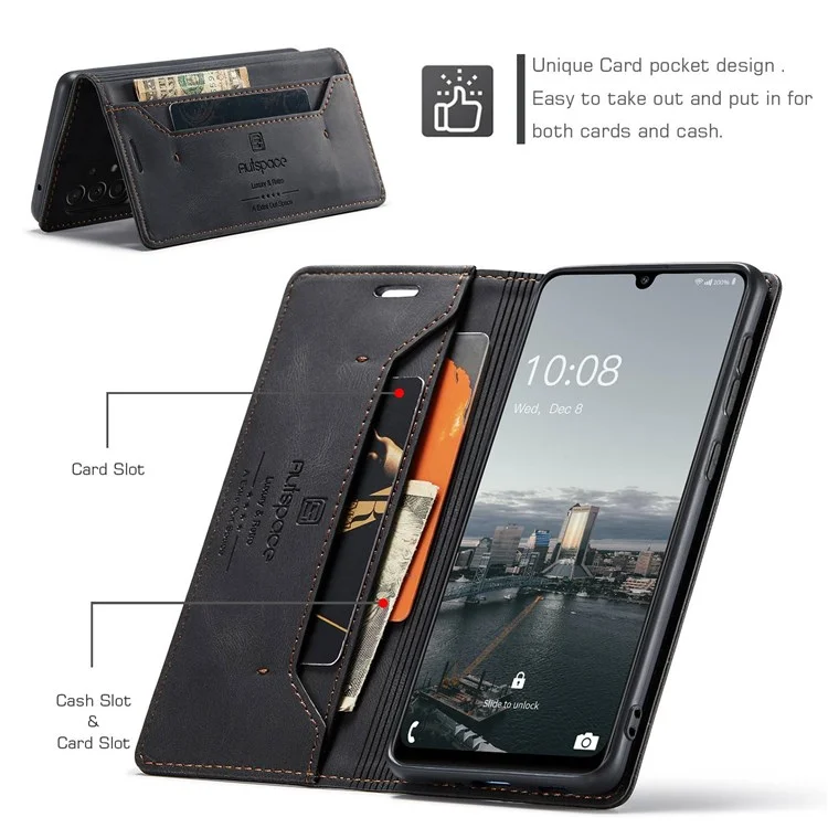 AUTSPACE A01 Serie Para Samsung Galaxy A33 5G PU Case de Cuero Bloqueo Rfid Billetera Vintage Flip Cubierta - Negro