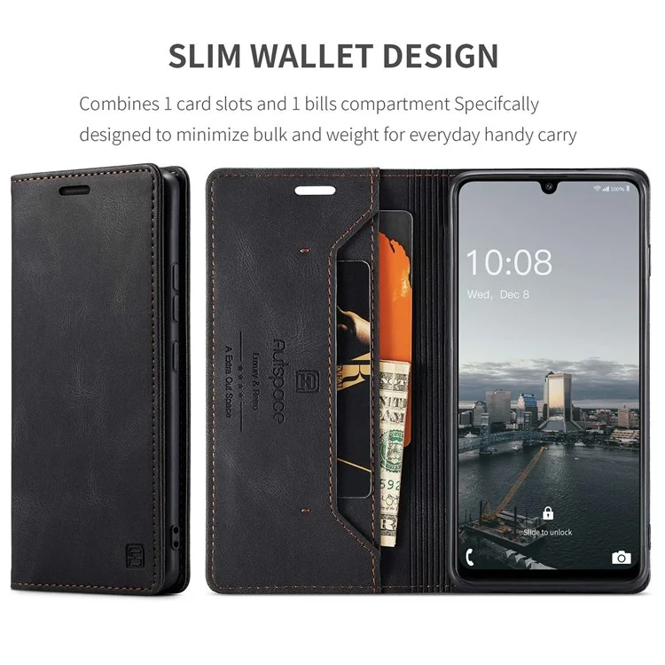 AUTSPACE A01 Series for Samsung Galaxy A33 5G Fully Wrapped PU Leather Protective Shell, RFID Blocking Magnetic Closure Vintage Frosted Wallet Stand Flip Cover - Black