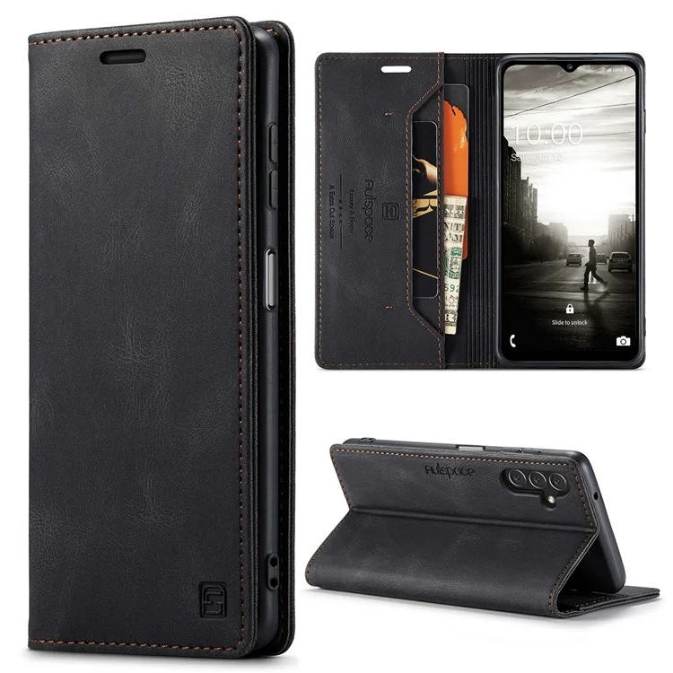 AUTSPACE A01 Series for Samsung Galaxy A13 5G / A04s 4G (164.7 x 76.7 x 9.1 mm) Protective Shell, Scratch Proof RFID Blocking Magnetic Closure Vintage Frosted PU Leather Wallet Stand Flip Cover - Black