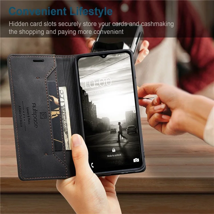 Autspace A01 -serie Für Samsung Galaxy A13 5G / A04s 4G (164,7 X 76,7 X 9,1 Mm) PU Lederpuppe RFID Blocking Wallet Ständer Flip Cover - Schwarz